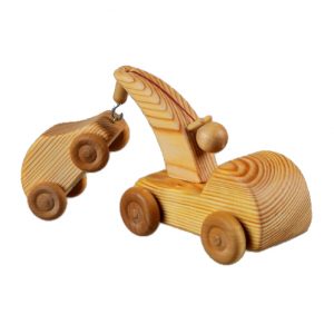 Debresk Small wooden Crane Truck with Mini Car for towing.