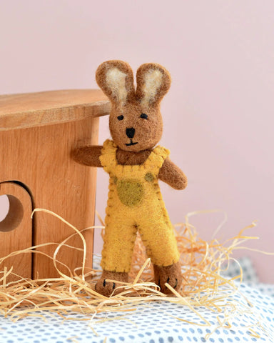 Felt Brown Hare Rabbit with Mustard Yellow Overalls Toy