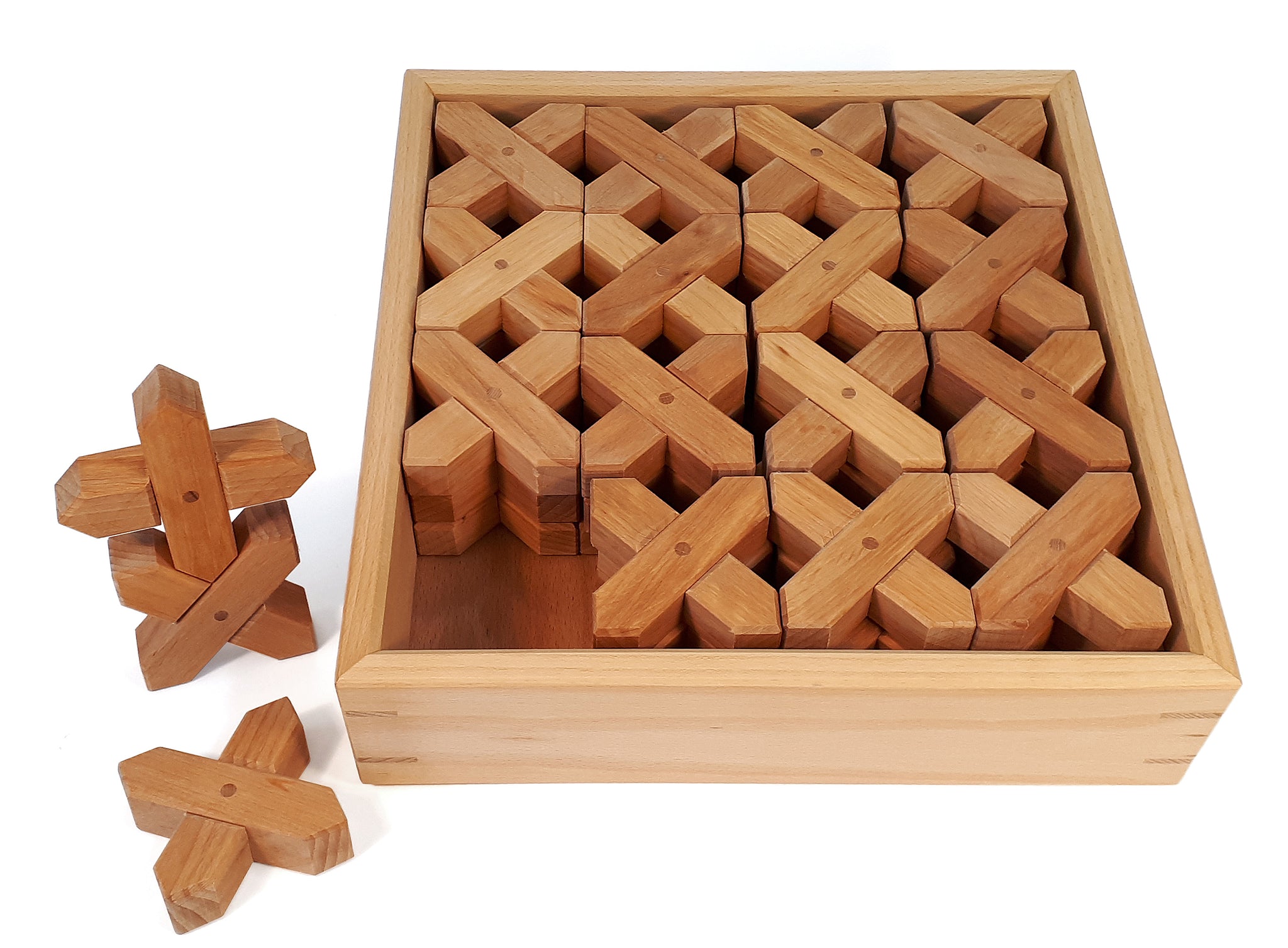 Bauspiel X-blocks 48 parts in a wooden tray.